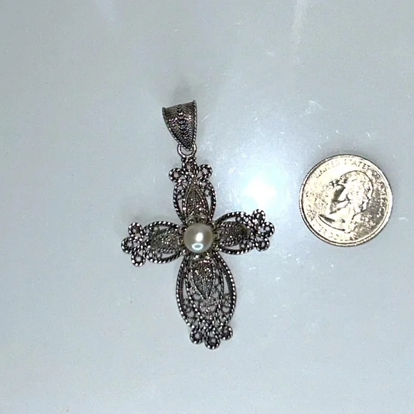 NWOT Ottoman Sterling Silver & Cultured Pearl Cross Pendant Necklace Spiritual